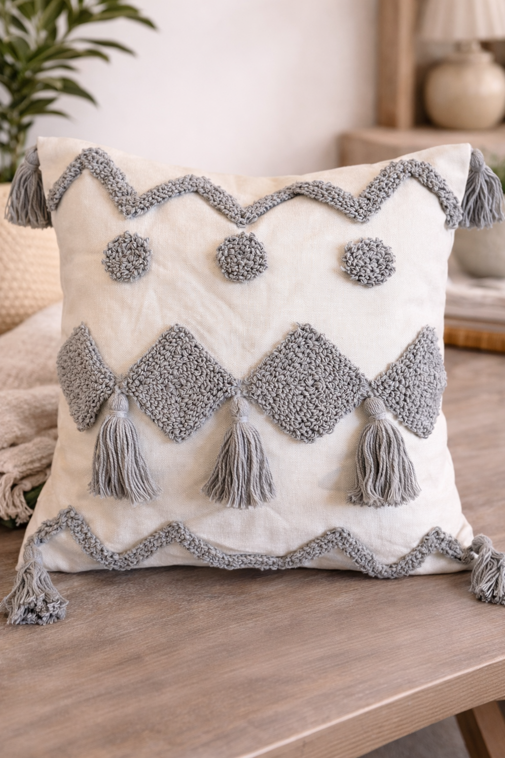 Funda Cojín Estilo Boho Gris 45x45 cms