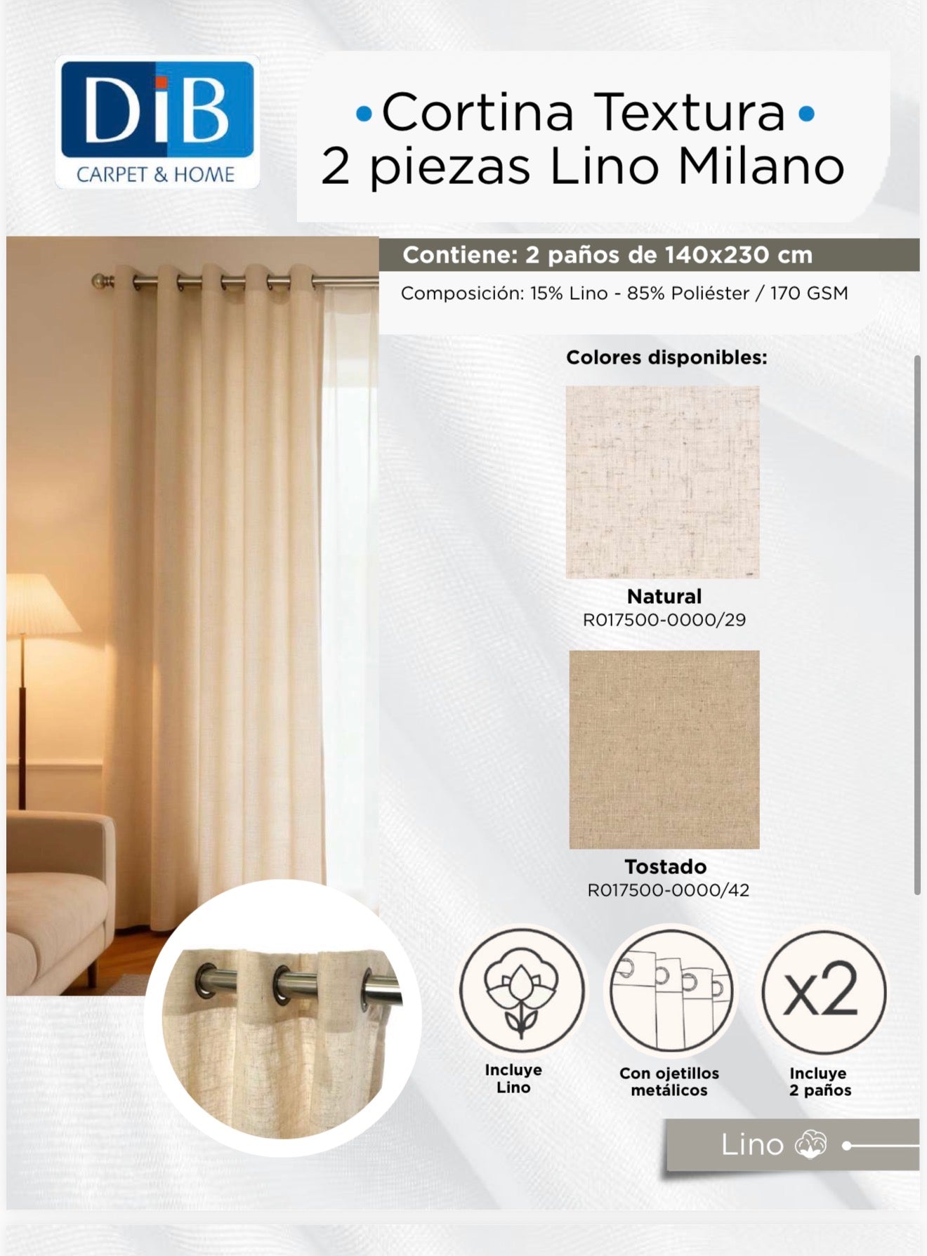 Cortina 2 Paños Textura Lino Milano Natural