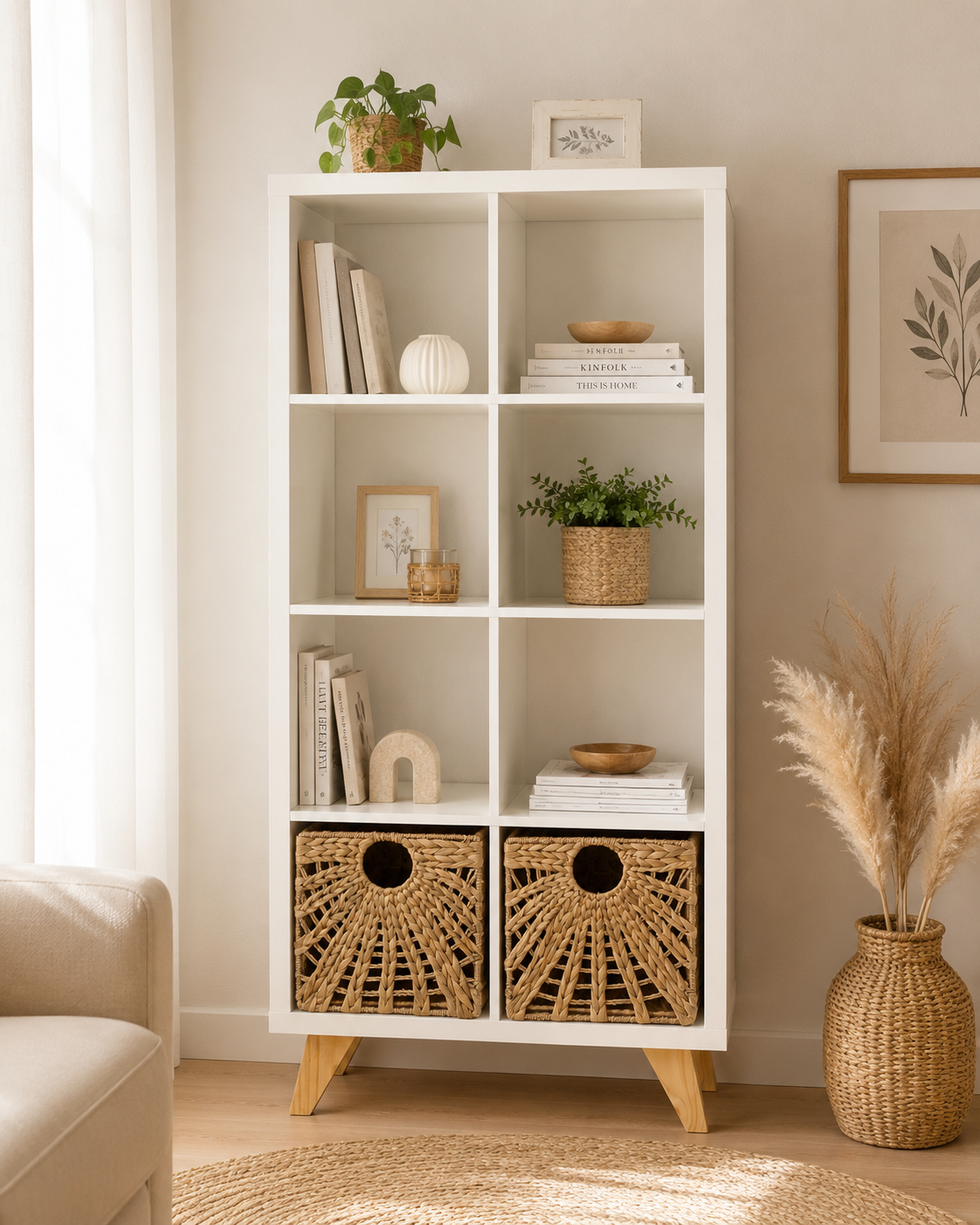 Mueble Repisa 8 Compartimentos Con Canastas "Natura" Blanco
