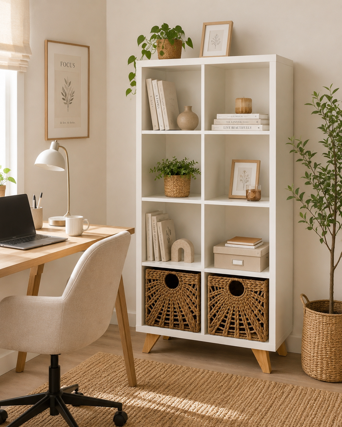 Mueble Repisa 8 Compartimentos Con Canastas "Natura" Blanco